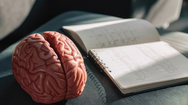 A closeup view of a brain model and a notebook filled with brainstorming ideas illustrating the intersection of neuroscience and microdosing as tools for improving cognitive