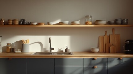 Minimalist kitchen with wooden shelves and sunlight.