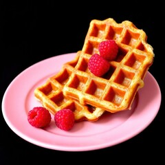 A timeless and elegant black and white close-up low-angle shot of a traditional Belgian waffle with raspberries on a pink plate against a black with generative  ai