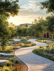 Obraz premium Sustainable Campus Landscape Walkable Paths and Lush Greenery