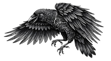 Obraz premium Dramatic Raven Illustration with Open Wings and Intricate Feather Details