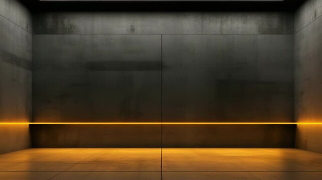A dark room with glowing orange lines on the floor and ceiling.