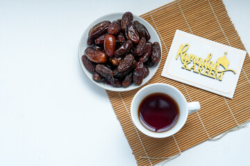 Overhead Shot Of Dates Fruit And Hot Tea For Iftar Or Suhoor On Ramadan Month