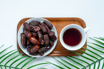Flat Lay Of Served Hot Tea And Dates Fruit Ready For Breakfasting During Eid Mubarak
