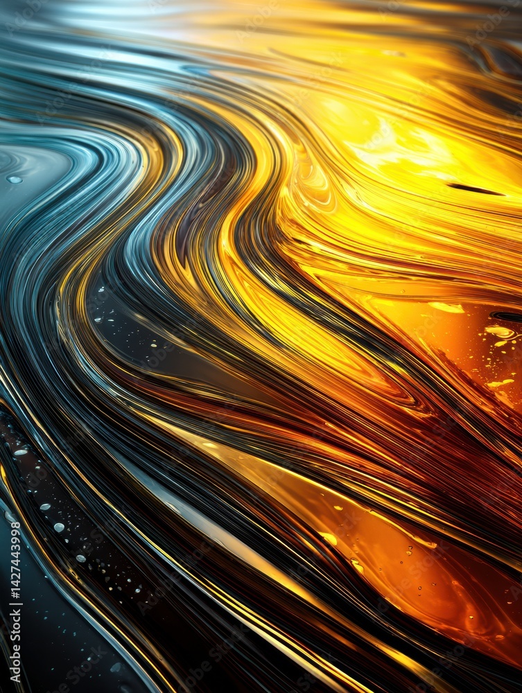 Poster Crude Oil Creating Abstract Waves With Metallic Reflections in Vibrant Hues and Flowing Patterns