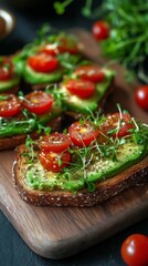 avocado toast topped with cherry tomatoes and microgreens on a wooden cutting board