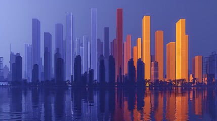 Fototapeta premium Minimalist skyline formed by bending light beams where each building represents a unique spectrum symbolizing urban innovation through simplicity