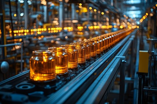 Industrial production line transporting glass jars in a factory