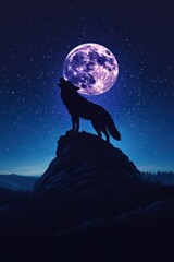 A howling wolf stands on a rocky peak under the night sky