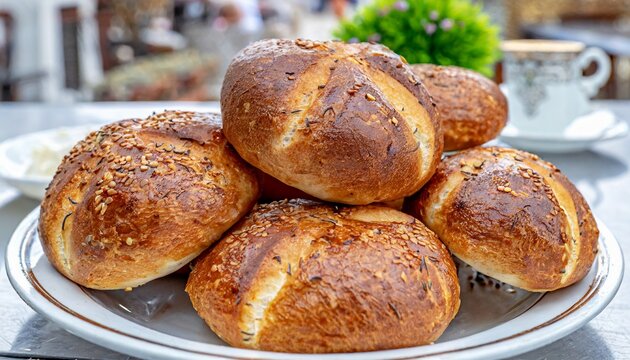 Turkish cuisine- Detailed view of a plate of A&ccedil;ma, Turkish soft bread rolls, Turkish pastry