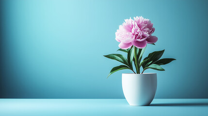 Obraz premium A stunning pink peony in full bloom, placed in a white pot against a gradient blue background. The vibrant petals and lush green leaves create a minimalistic, aesthetic composition.