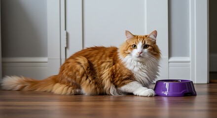 Orange and white cat lying down next to a purple bowl on a wooden floor near white doors