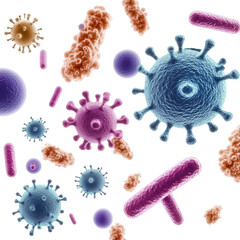 Virus bacteria, pathogen microbe or virus cells set. Microscopic view of virus cells.