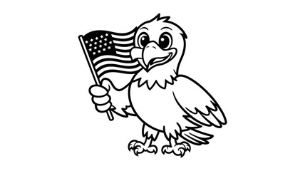 Cute cartoon bald eagle holding an American flag.