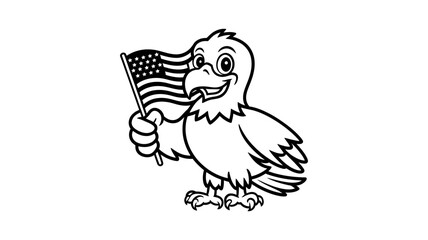 Cute cartoon bald eagle holding an American flag.