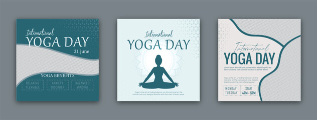 international yoga day social media poster template design with copy space, modern and minimal set of three banner