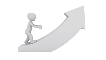 Figure climbing upward arrow, white isolated background