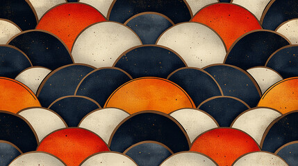 Abstract, textured, overlapping, circular, waves, pattern, in orange, red, cream, and navy.