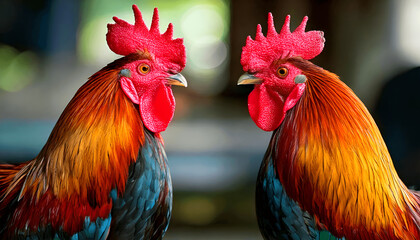 Closeup Illustration of 2 Rooster Prepare for Fight With Bokeh Background