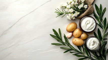 rustic-style flat lay of peeled garlic cloves, baby potatoes, and fresh herb bouquet with white sour cream, laid on textured marble kitchen counter with minimalist bright shadowing