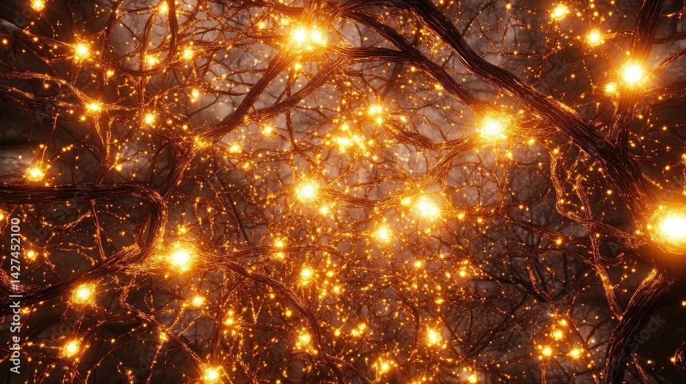 Poster abstract image of artificial intelligence system with interconnected neural nodes and glowing pathwa