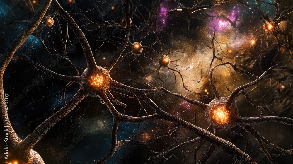 Poster abstract image of artificial intelligence system with interconnected neural nodes and glowing pathwa