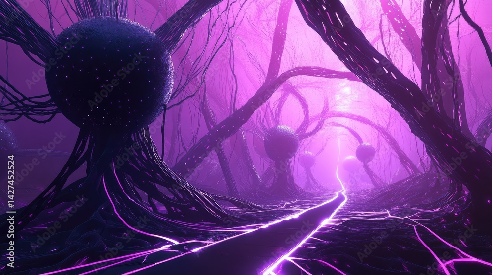 Poster ai technology innovation in a digital landscape, with interconnected glowing pathways and evolving m