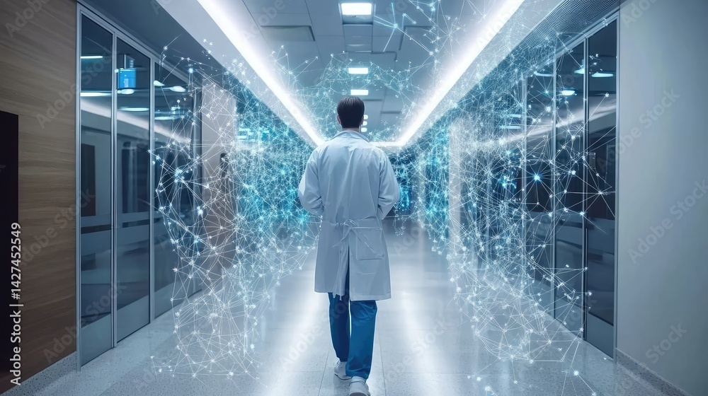 Poster artificial intelligence visualized in healthcare with interconnected neural networks processing medi