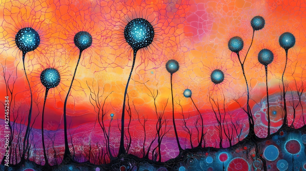 Poster artistic representation of artificial neural networks in a digital landscape with bright node connec