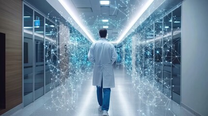 Artificial intelligence visualized in healthcare with interconnected neural networks processing medical data