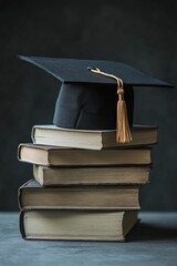 A graduation cap rests atop a stack of scholarly books