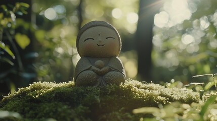 Obraz premium 苔むす森の小さな笑顔の地蔵