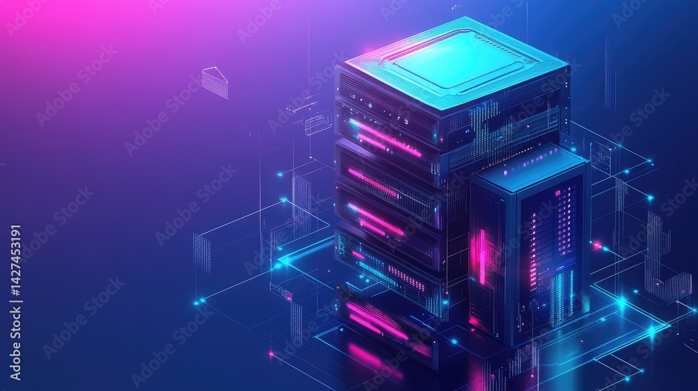 Poster cloud storage server connected with floating data icons, clean tech concept with room for design