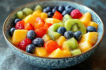 Bowl of fruit with colorful kites in a sunny sky.