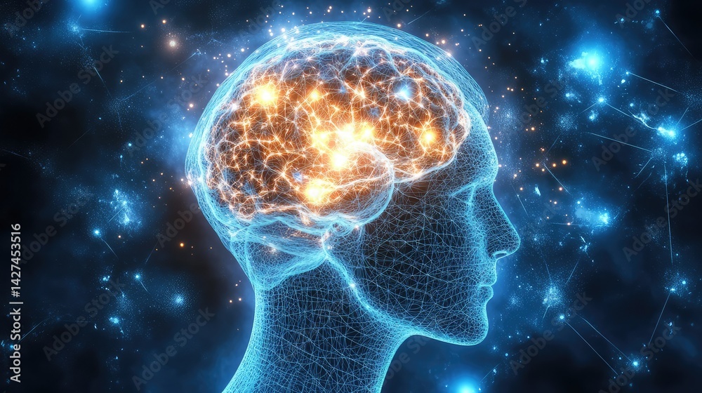 Poster concept of artificial intelligence represented by interconnected neural pathways glowing in d