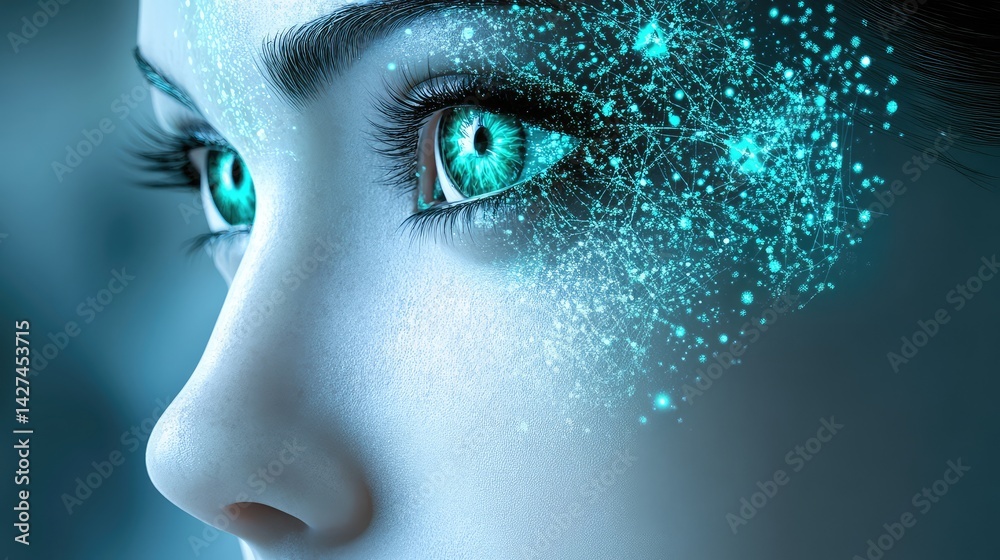Poster concept of futuristic ai technology with glowing nodes and algorithms visualizing innovative digital