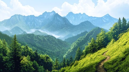 Obraz premium Misty mountain landscape scenic green nature background forest