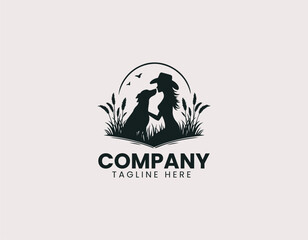Obraz premium Cowgirl Hat Woman Kissing Dog Tall Grass Vector Logo Design, Western Woman Cowboy Hat Kissing Dog Logo
