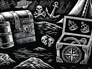 Pirate Treasure Engraving Vector – Black and White Vintage Illustration of Pirate Chest, Island, and Classic Map Elements in Hand-Drawn Etching Style for Adventure Design, Poster, and Tattoo Art