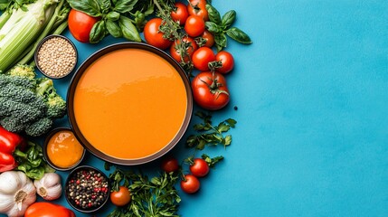 raw vegetables and sauce ingredients for healthy recipe, arranged with space for text on marble table, garlic and herbs add color and aroma, studio shot for cooking content creators and food