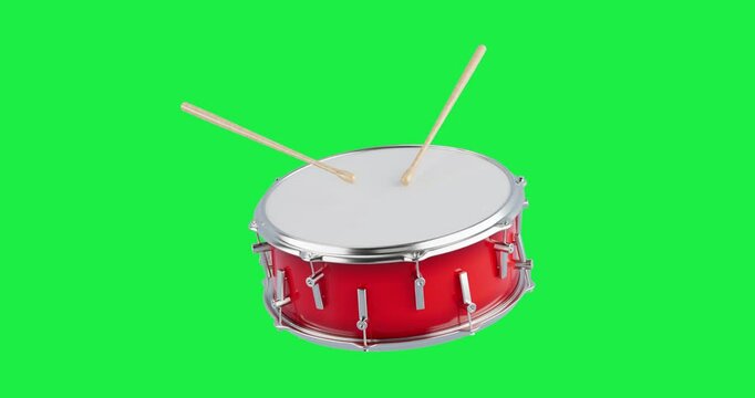 4k Resolution Video: Red Bass Drum with Pair of Drum Sticks Seamless Looped Moving on a green screen background with Alpha Matte