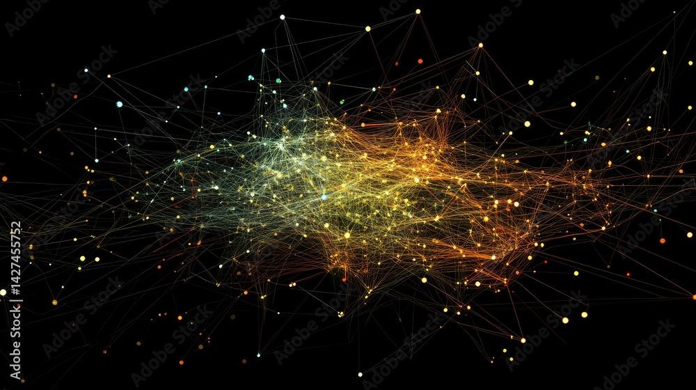 Poster glowing mesh network representing a distributed cybernetic system on black gradient background
