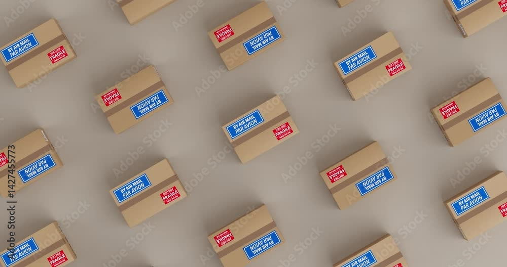 Poster 4k resolution video: rows of cardboard package and parcel box packages seamless looped moving on a y