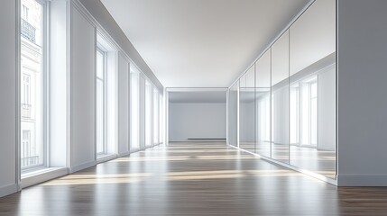 Obraz premium Sunlit Parisian apartment hallway with mirrored walls