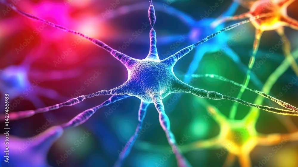 Poster high-tech diagram of a neural network with nodes and feedback loops glowing in bright colors