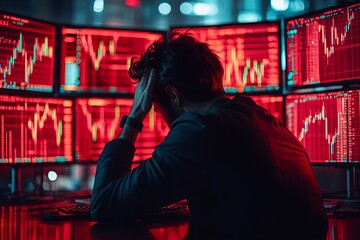 Fototapeta premium Stressed Man Reacts to Data Charts on Multiple Computer Monitors