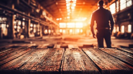 Working from Home Concept. Man Standing in Industrial Warehouse with Bright Sunset Light and Wooden Table in Foreground
