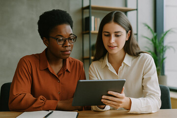 Two Businesswomen Collaborating on Tablet in Modern Office, Professional Teamwork, Digital Innovation, and Communication