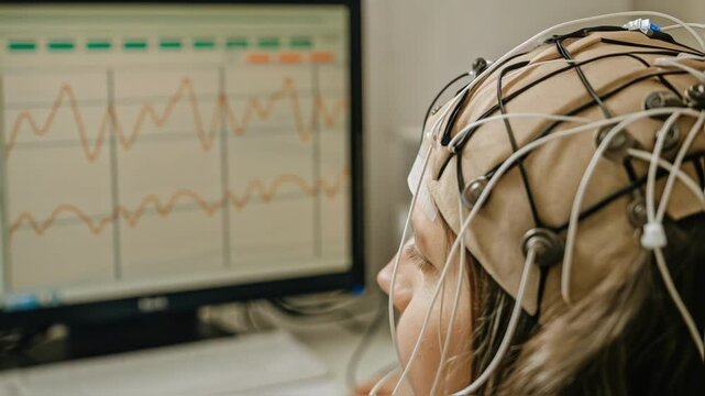 A detailed view of an EEG cap on a human head with electrodes attached to the scalp and data streaming on a nearby monitor visually representing the bridge between neural signals