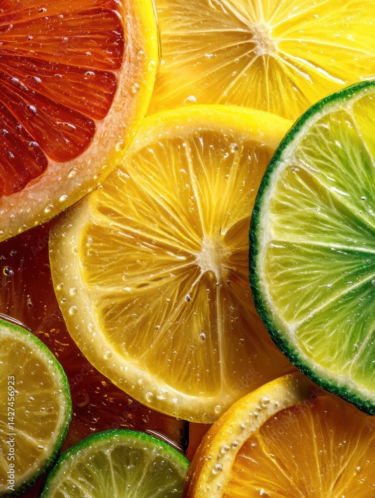 Poster close-up of sliced citrus fruit showcasing juicy texture and vibrant colors in a bright and lively a